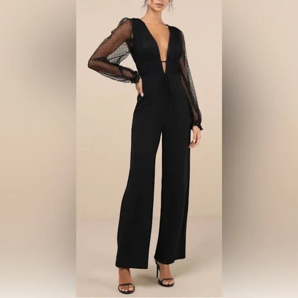 Lulus NWT “Sweet Twist” Black Swiss Dot Tulle Long Sleeve Jumpsuit.  Size Small. - Picture 9 of 11